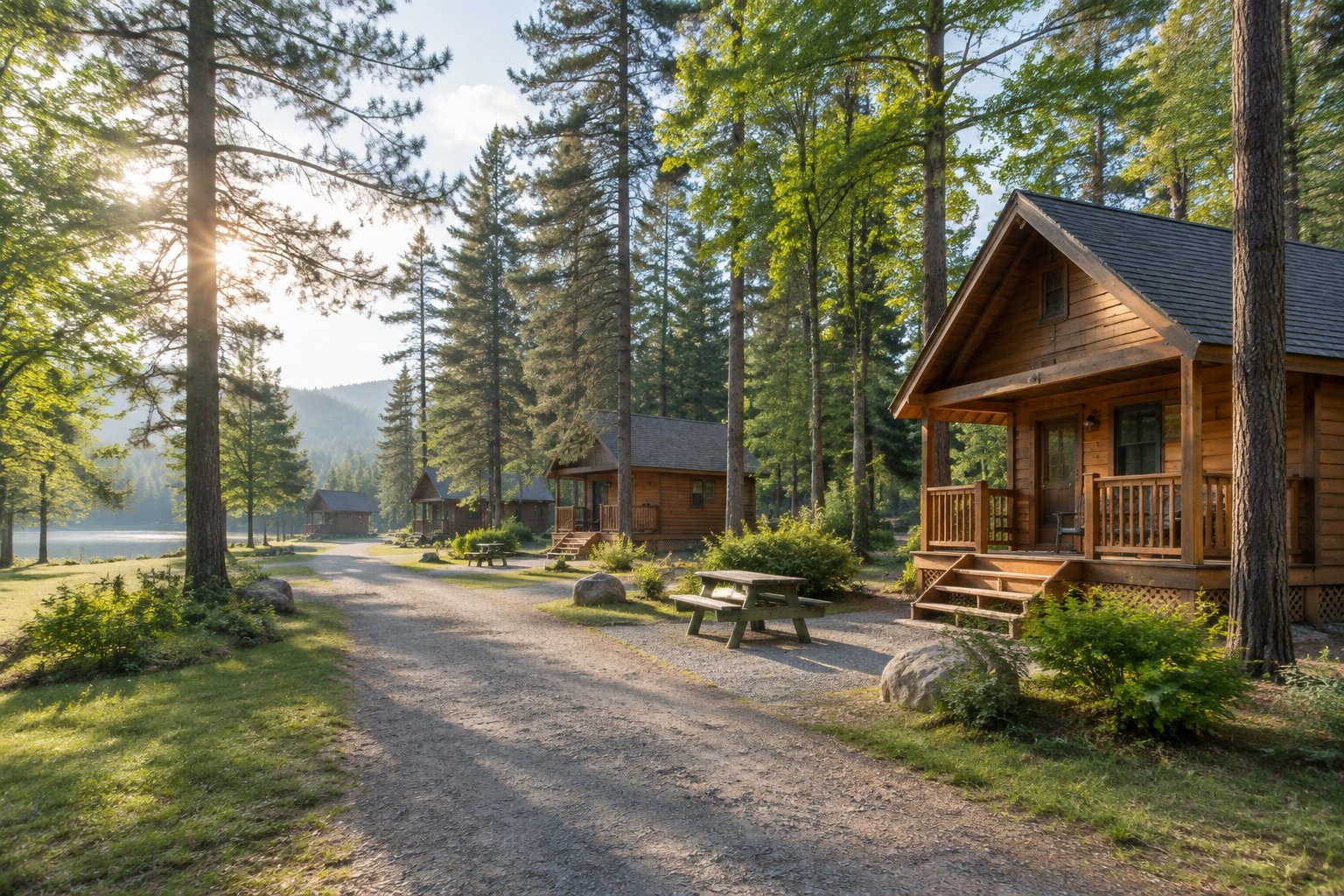 Cabins in campgrounds near me nestled among trees in a scenic park.
