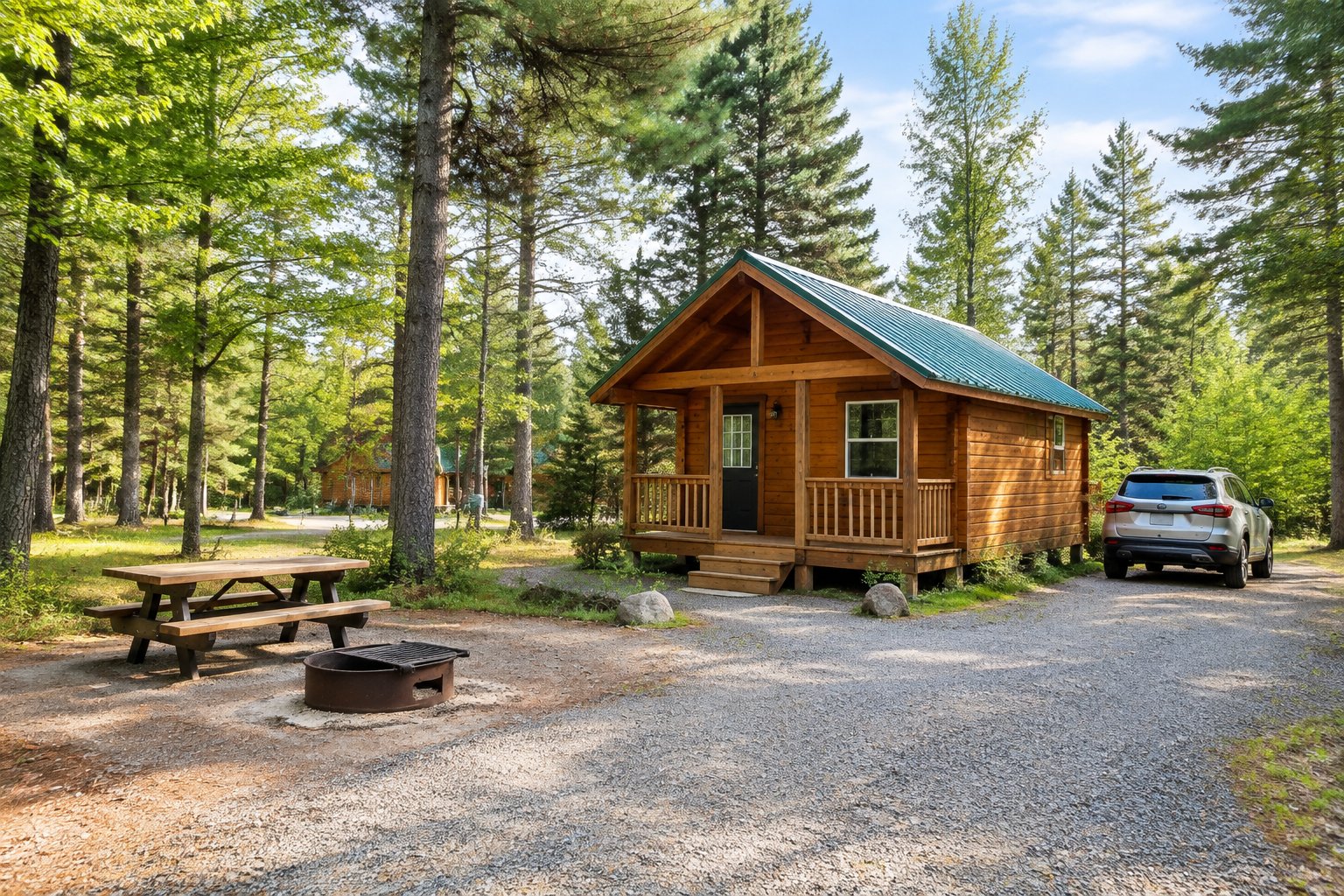 A rustic cabin in a forest campground beside a gravel path and picnic area.