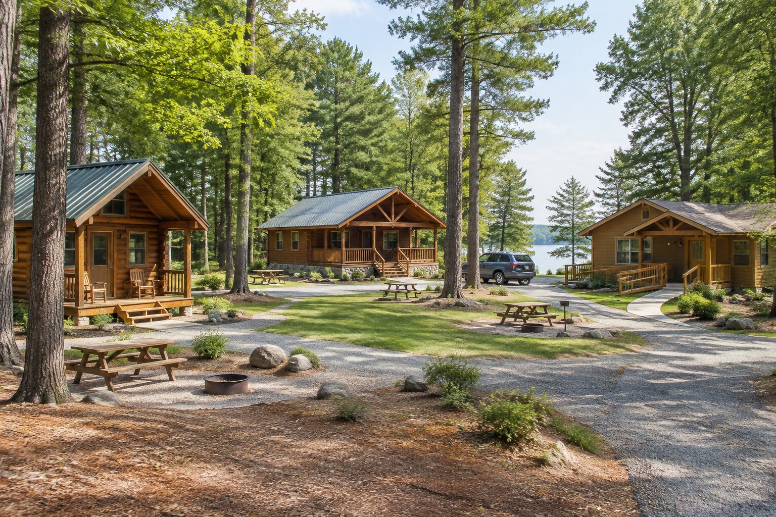Several cabins of different sizes sit among trees in a peaceful campground.
